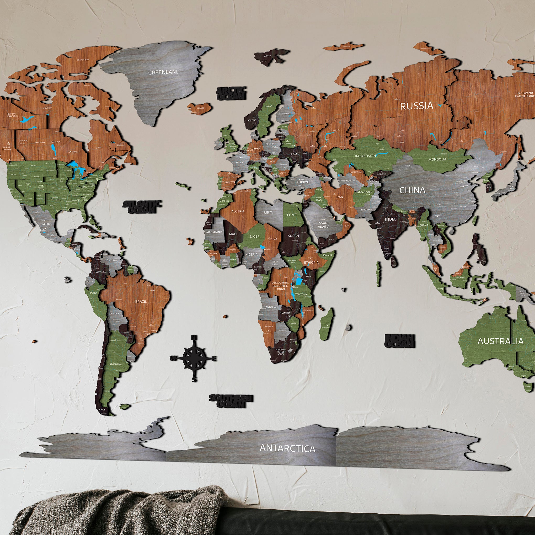 Dekoratívna 3D mapa sveta z dreva