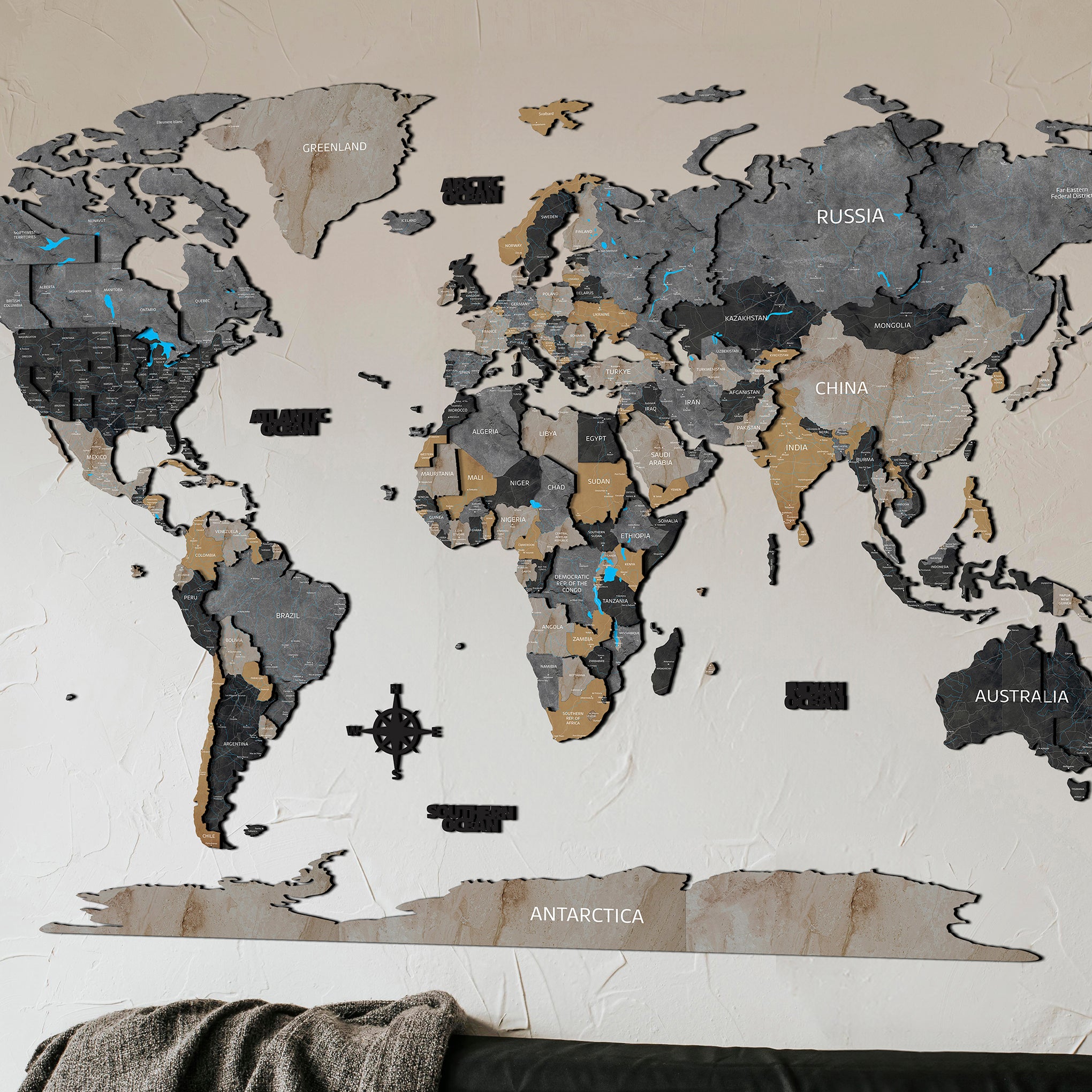 Drevená 3D mapa sveta s efektom kameňa